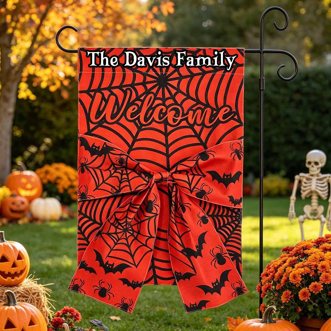 Personalized Halloween Garden Flag Spider Web & Bat Design with Custom Family Name Welcome Yard Decor with 3d Bow