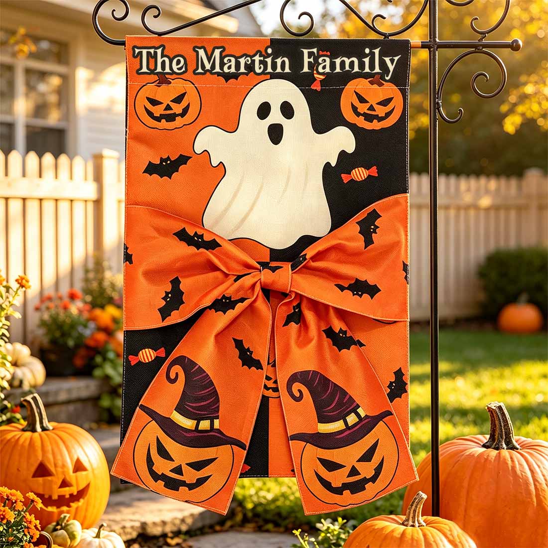 Personalized Halloween Ghost Garden Flag Custom Family Name with Pumpkins Bats & 3D Bow Festive Yard Decor