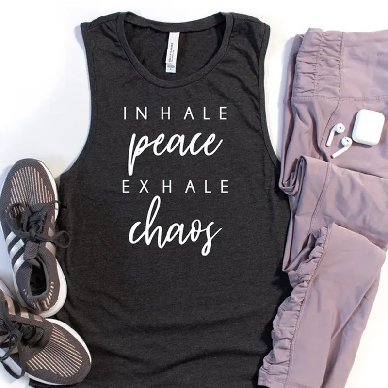 PersonalizedInhale Peace Exhale Chaos Muscle Tank Inspirational Workout Gym Yoga Top for Gym Lover