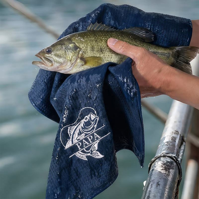 Personalized Dad Fishing Waffle Towel Monogram Embroidery Waffle Towel with Name and Hanging Clip Birthday Gift for Dad Grandpa Fishing Enthusiasts
