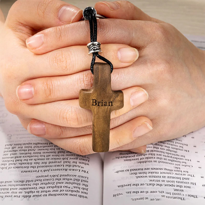 Personalized Wooden Cross Heart Keychain with Initial and Name Engraving Religious Gift Birthday Gift for Christians