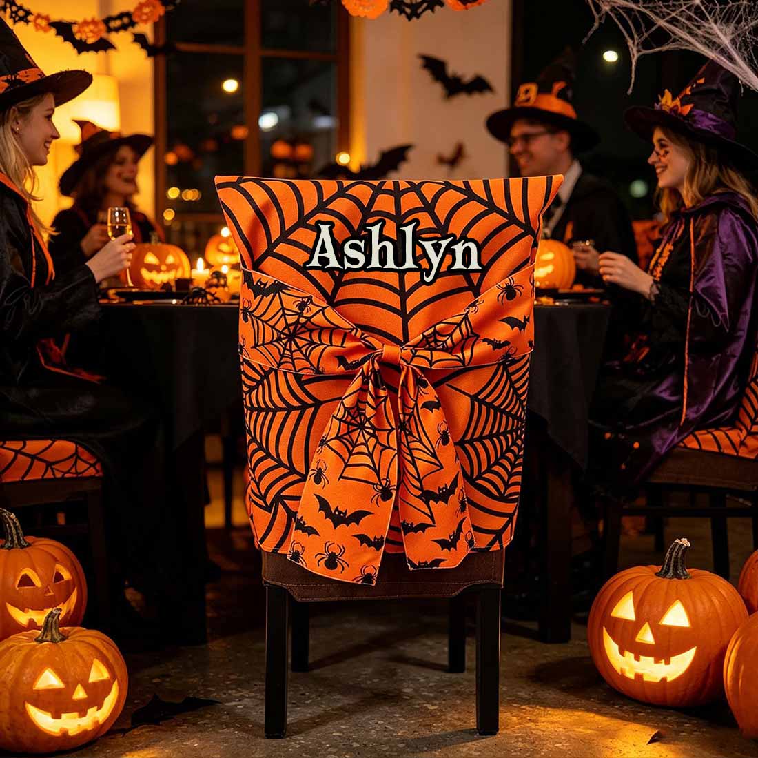 Personalized Halloween Spider Web Chair Cover Orange & Black Bat Design with Custom Name & 3D Bow Dining Party Decor