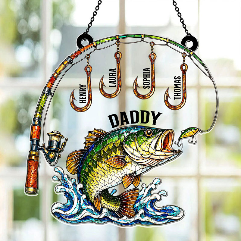 Personalized Fishing Daddy Acrylic Suncatcher with Kids Names Custom Fishing Lover Gift for Dad Grandpa
