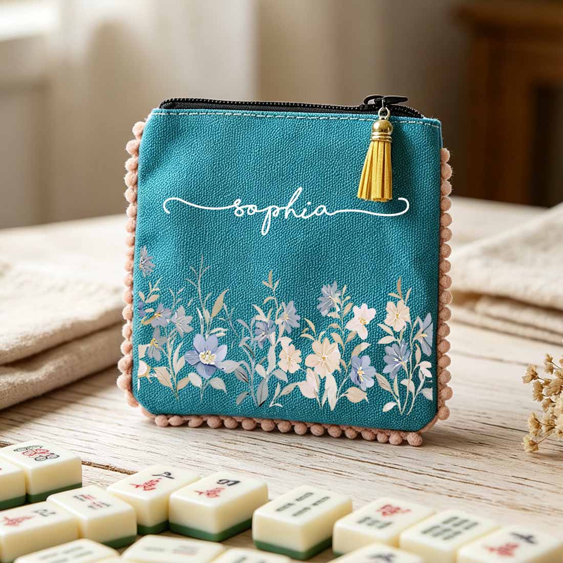 Personalized Birth Flower Dice Bag Custom Name Floral Zipper Pouch with Pom Pom Trim & Tassel  Game Night Gift for Mahjong Board Games & More