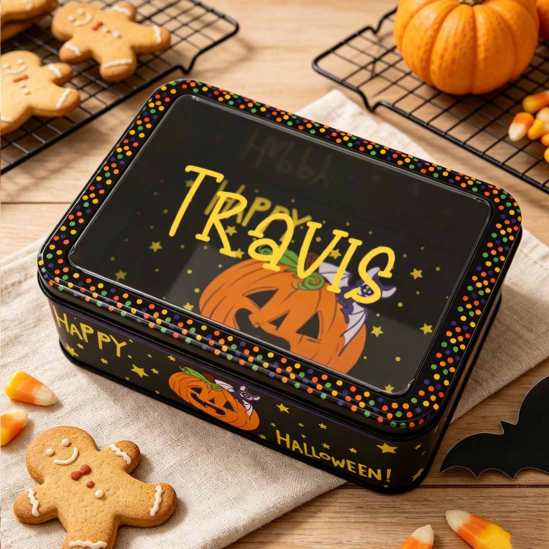 Personalized Halloween Candy Tin Box Custom Name Cookie & Treat Container with Window Lid Spooky Gift Box for Kids