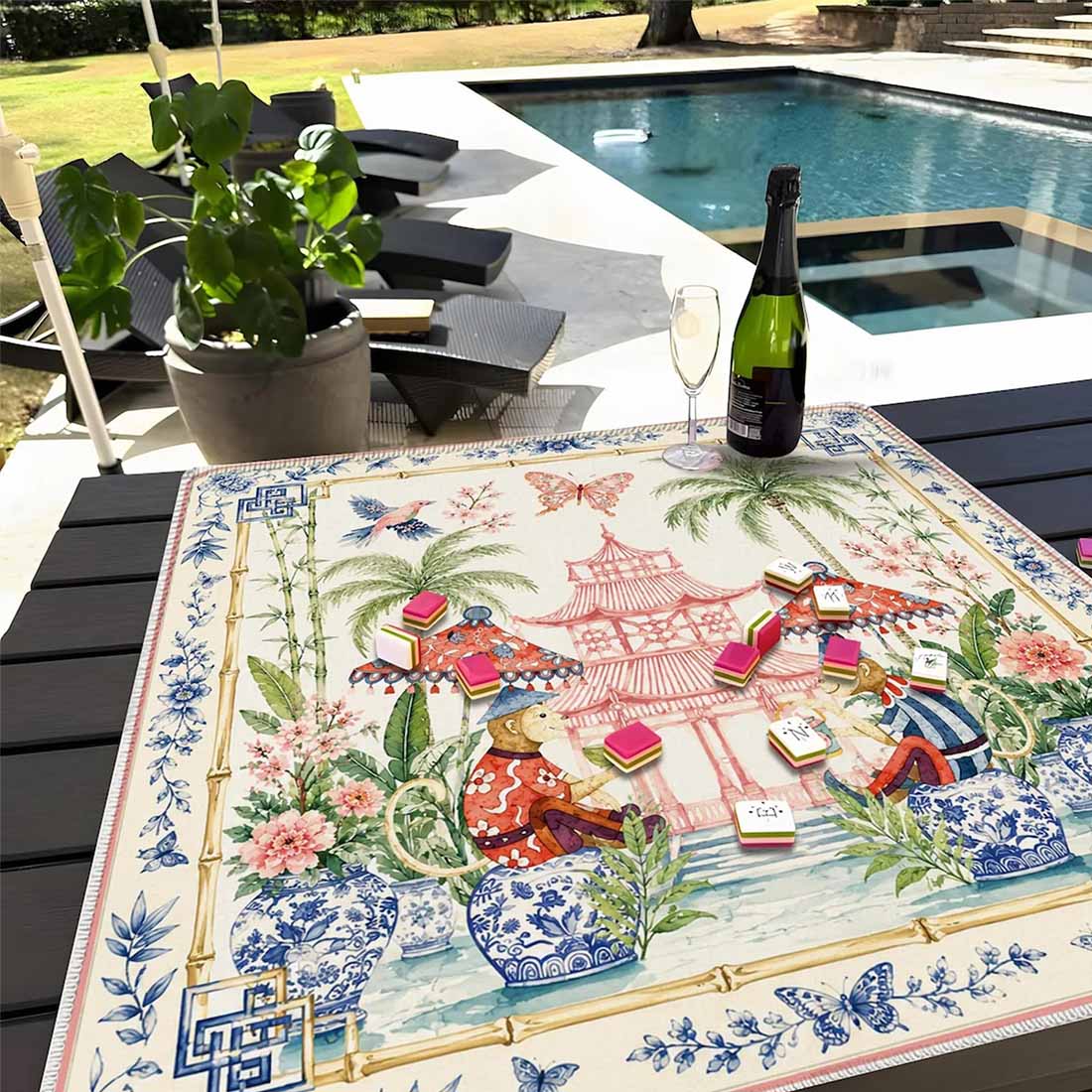Chinoiserie Monkey Mahjong Mat Pink Pagoda Garden Game Mat Blue White Ginger Jar