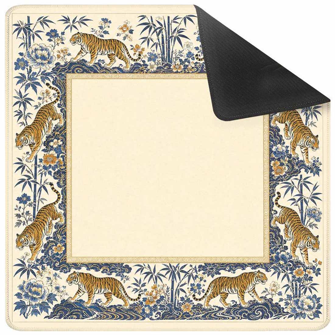 Tiger & Peony Mahjong Mat Blue and Gold Chinoiserie Game Mat with Non Slip Rubber Base