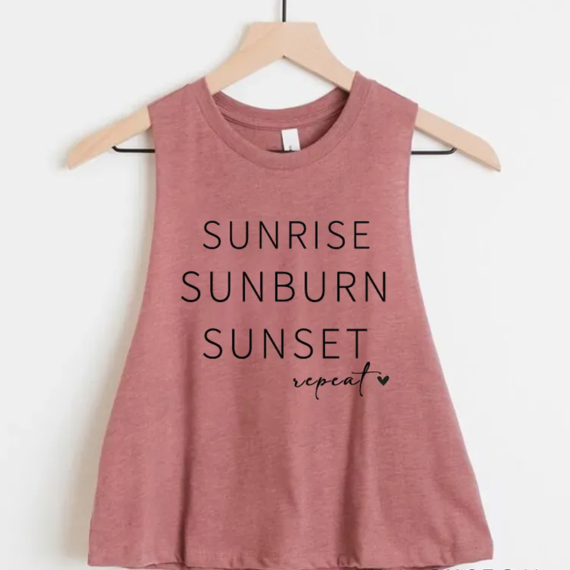 Personalized Sunrise Sunburn Sunset Repeat Tank Top Gym Funny Workout Crop Top for Women Minimalist Shirt for Weightlifting or Fitness Motivation Gym Lover