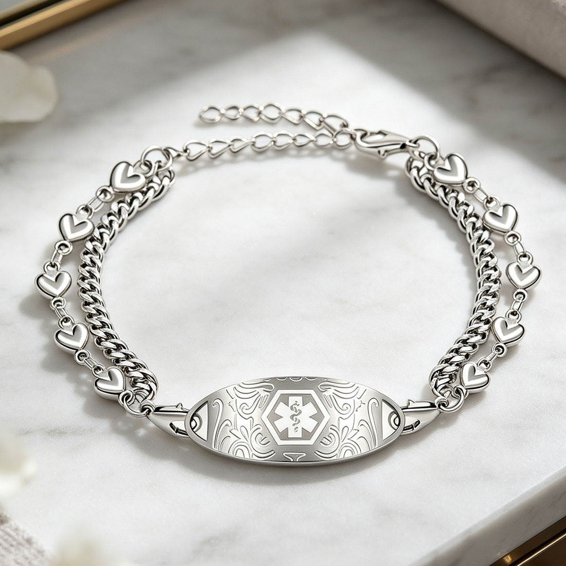 Personalized Adjustable Medical Alert ID Emergency Multi-Layer Bracelet with Engraved Text Gift for Allergy Diabetic Women