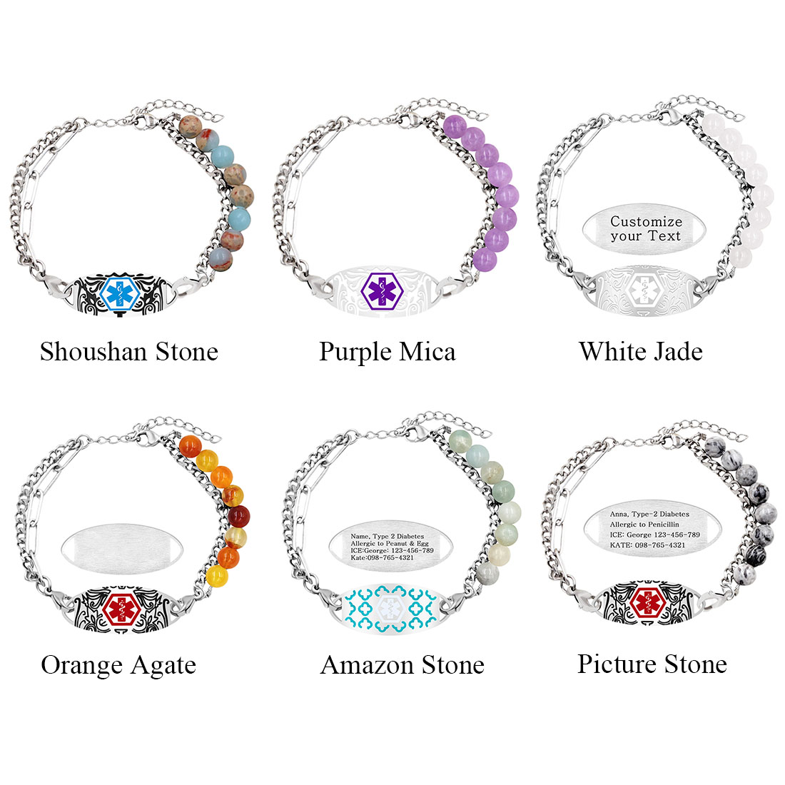 Personalized Medical Emergency Alert ID Beaded Bracelet with Engraved Text First Aid for Allergy Diabetic Women