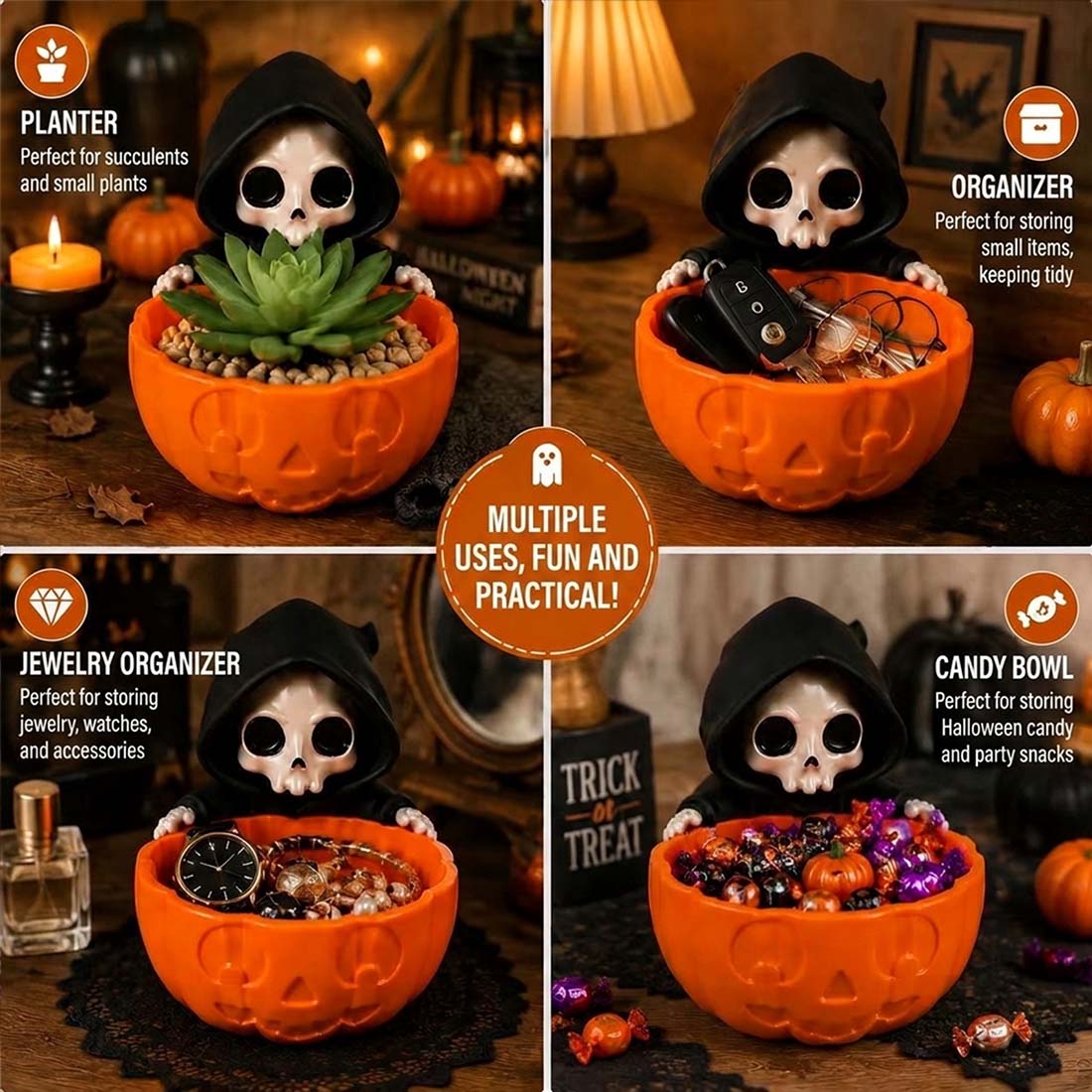 This adorable hooded grim reaper clings to the edge of a carved pumpkin bowl, ready to protect your goodies with the cutest death stare ever. Use it as a candy dish, succulent planter, jewelry tray, or catch-all for keys and coins — one piece, endless spo