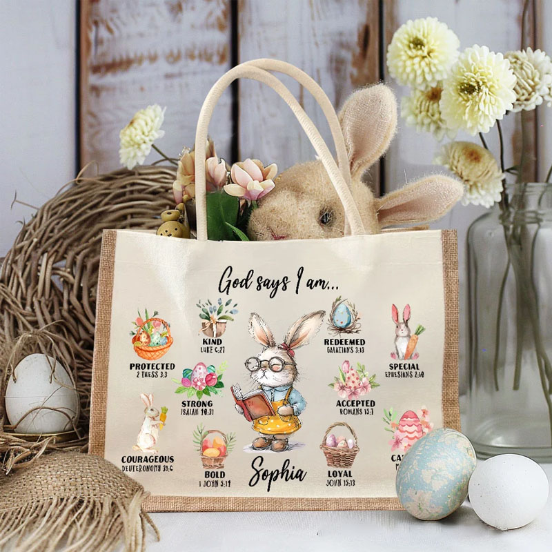 Personalized God Said I Am Cute Dream Job Bunny Bible Jute Tote Bag with Name and Canvas Pocket Easter Birthday Christian Gift for Kids