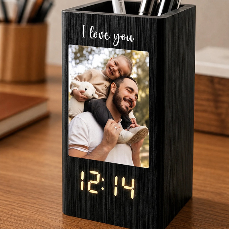 Personalized Photo Pen Holder With Clock Custom Birthday Gifts For Dad Grandpa Loved Guided And Inspired By Dad