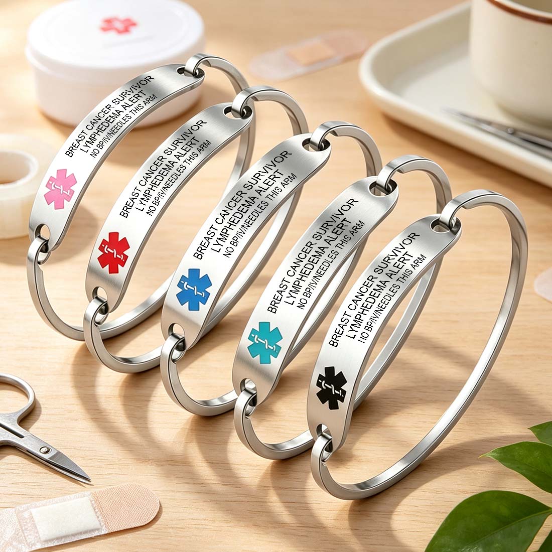 Personalized Star of Life Medical Alert ID Bracelet Emergency Jewelry Care Gift for Breast Cancer Woman