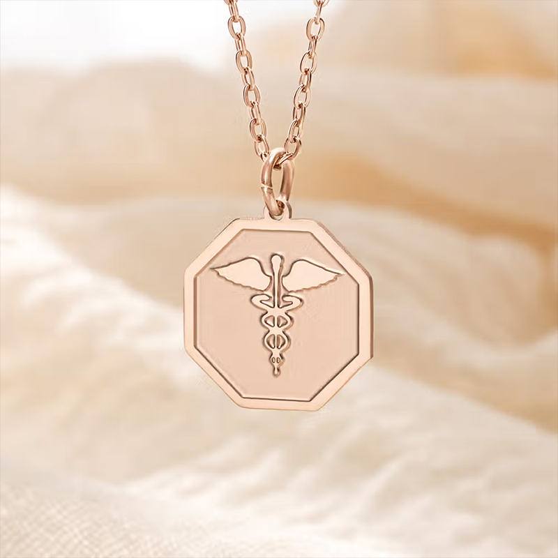 Personalized Engraved Medical Emergency Alert ID Octagon Necklace with Text and Star of Life Gift for Diabetic Allergy Autism Women Men Family Gift