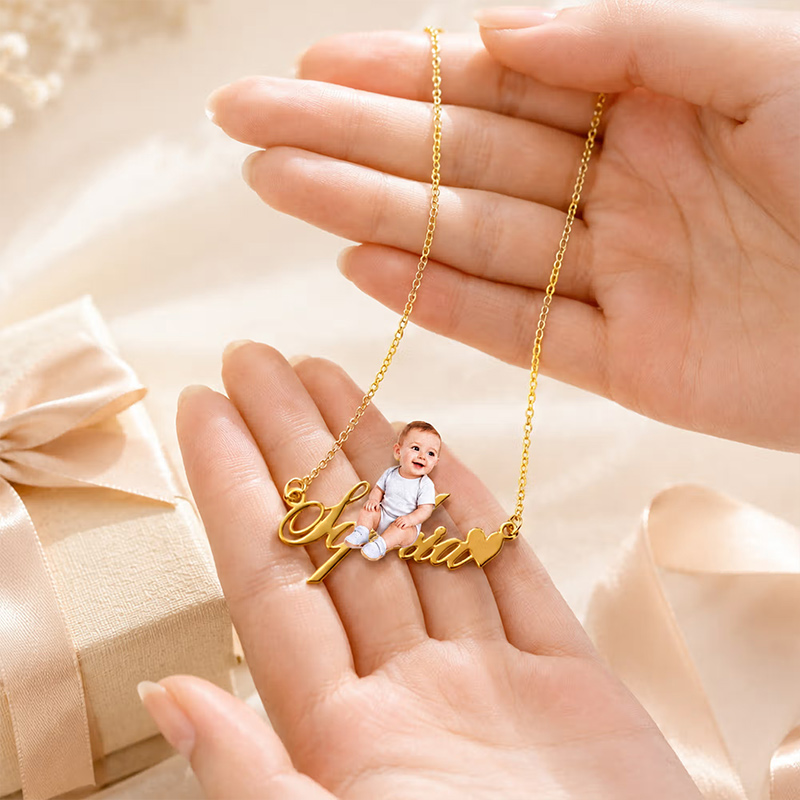 Personalized Heart Photo Design Necklace with Name Dainty Jewelry Birthday Anniversary Birthday Gift for Mom Grandma Mother's Day Gift