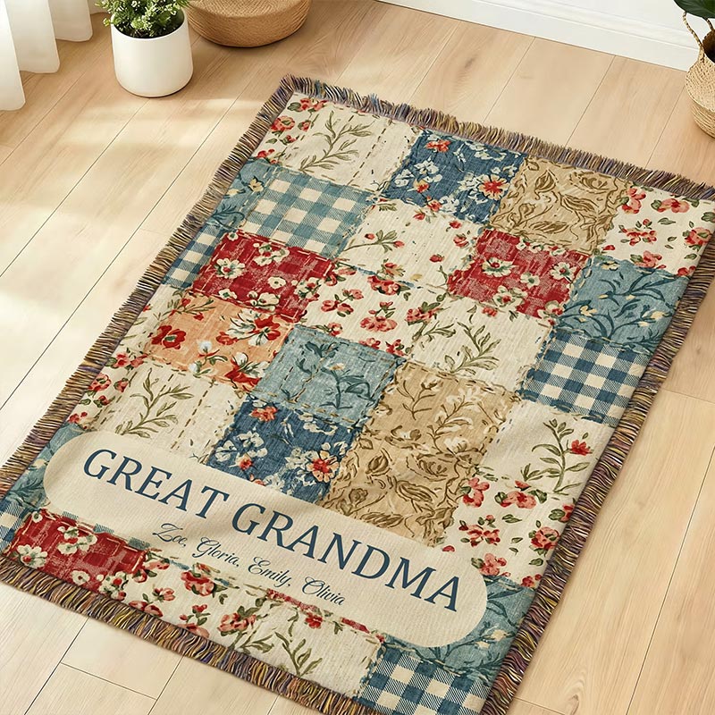 Personalized Vintage Flower Checkered Patchwork Tassel Soft Throw Blanket with Names and Title Mother's Day Birthday Gift for Grandma Mom