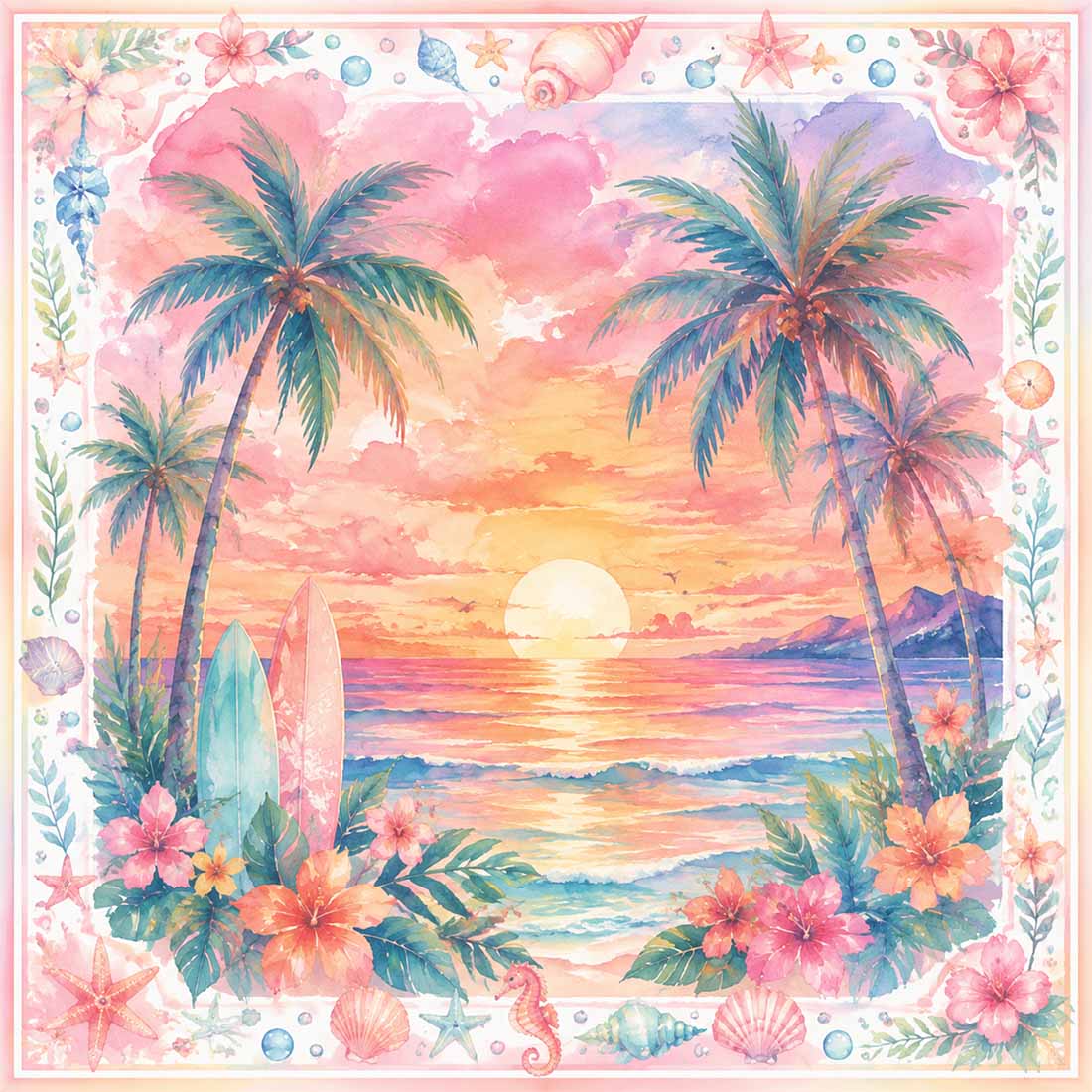 Tropical Sunset Mahjong Mat Watercolor Beach & Palm Tree Design Square Game Table Pad for Mahjong Cards & Board Games