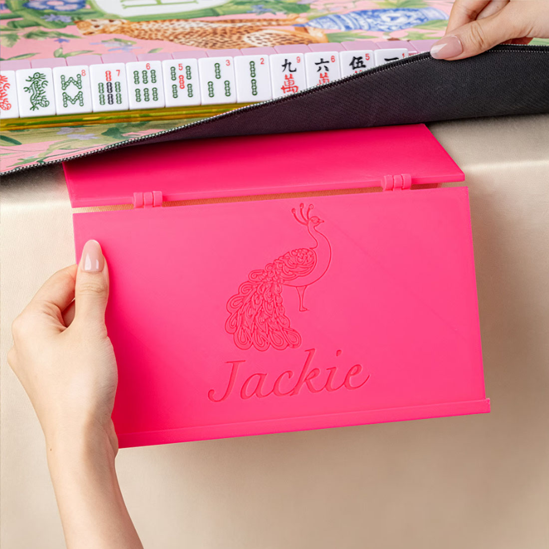 Personalized Peacock Space-Saving Foldable Mahjong Card Holder with Text Mahjong Table Accessory Family Gathering Gift for Mahjong Lovers