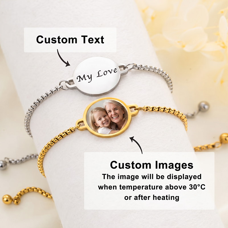 Personalized Heat-Activated Hidden Photo Adjustable Bracelet with Engraved Text Memorable Birthday Anniversary Gift for Dad Mom Grandma Family Gift