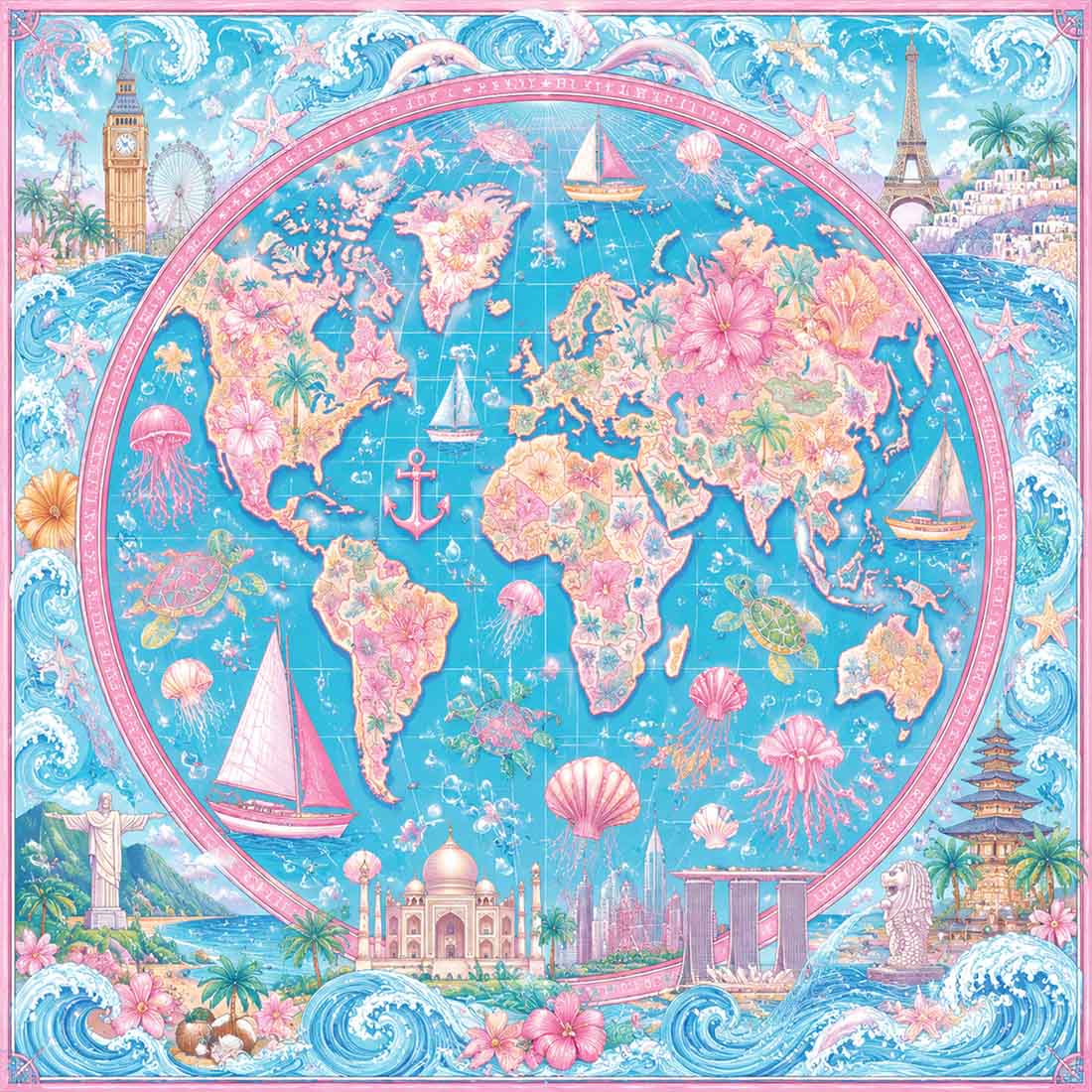 Around the World Mahjong Mat Watercolor Globe & Landmark Design with Floral Map Luxury Square Game Table Pad for Mahjong & Cards