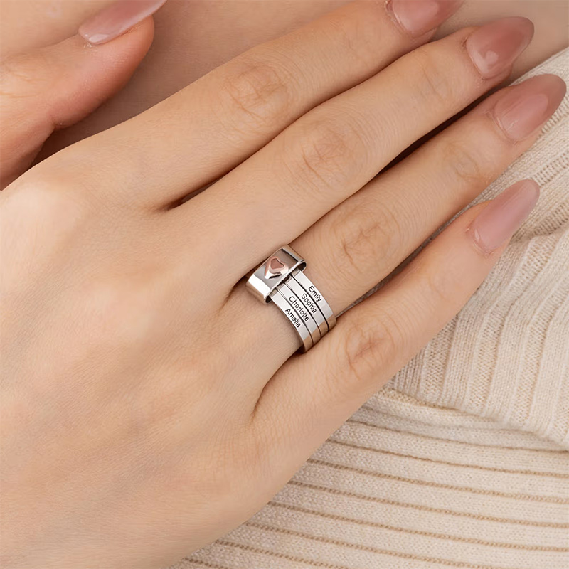 Personalized Sterling Silver Name Stacking Rings Custom Engraved 2-5 Bands with Heart Accent, Daily Wear Jewelry for Mom Grandma