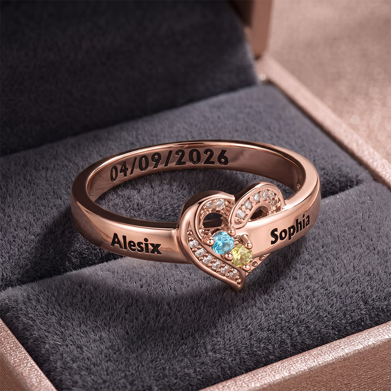Personalized 1-8 Birthstones Heart Design Ring with Engraved Names Custom Family Jewelry Birthday Mother's Day Gift for Mom Grandma