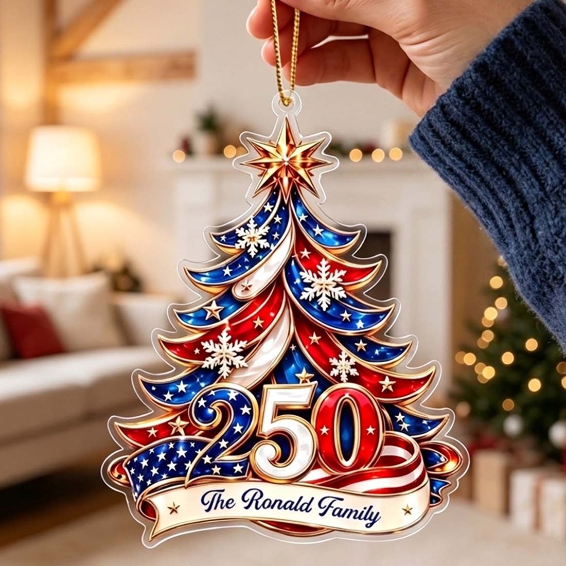 Personalized 250th America Star Snowflake Acrylic Christmas Tree Ornament with Name