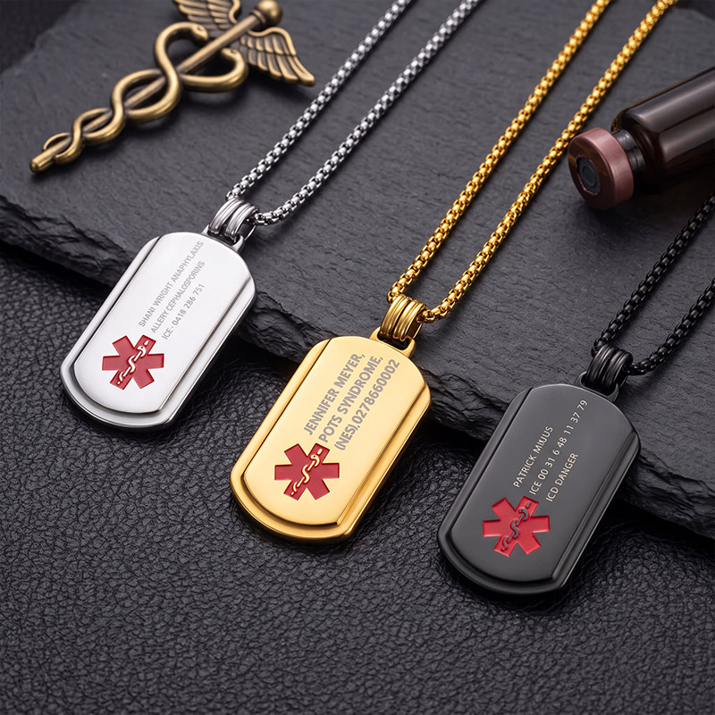 Personalized Identification Medical Alert Symbol ID Tag Necklace with Engraved Texts Emergency Survival Birthday Gift for Family Friends