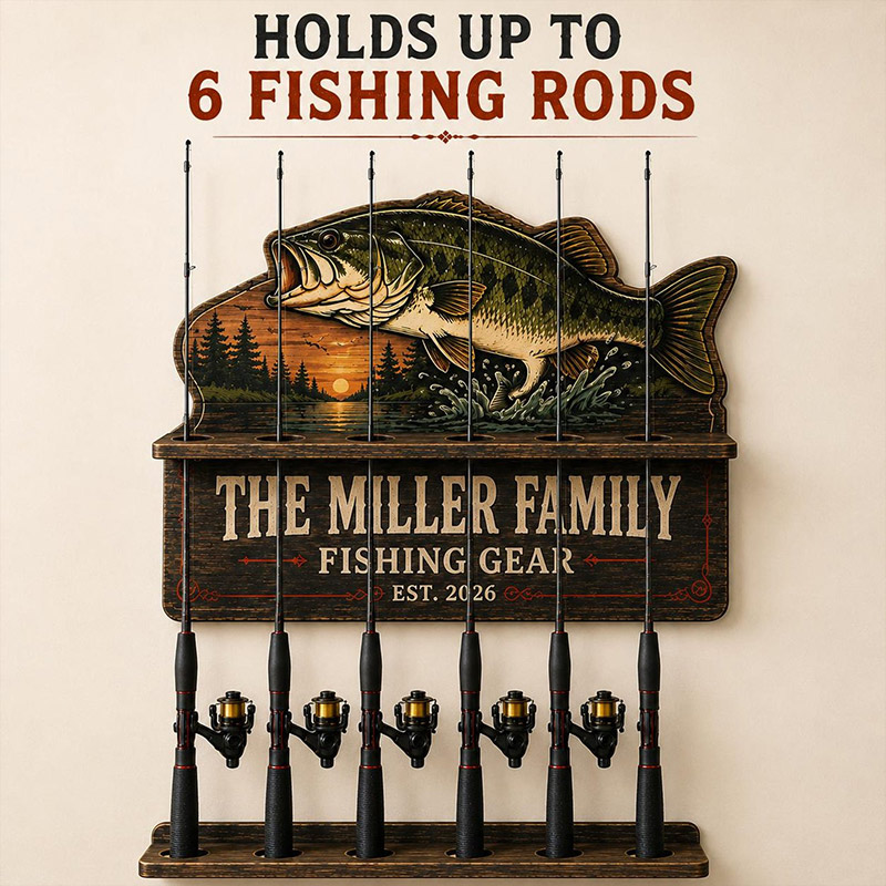 Personalized Bass Fishing Rod Holder Fishing Pole Rack Custom Fishing Gear Organizer Fisherman Gift for Dad Garage Cabin Wall Storage
