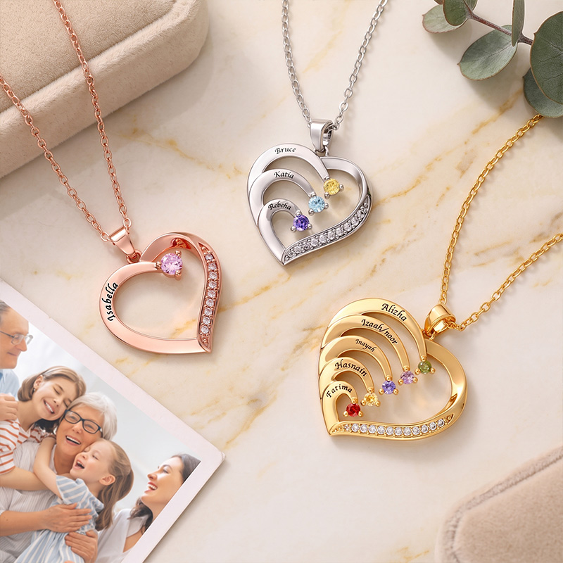 Personalized Family Heart Pendant Sterling Silver Necklace with 1-6 Engraved Names and Birthstones Mother's Day Birthday Gift for Mom Grandma