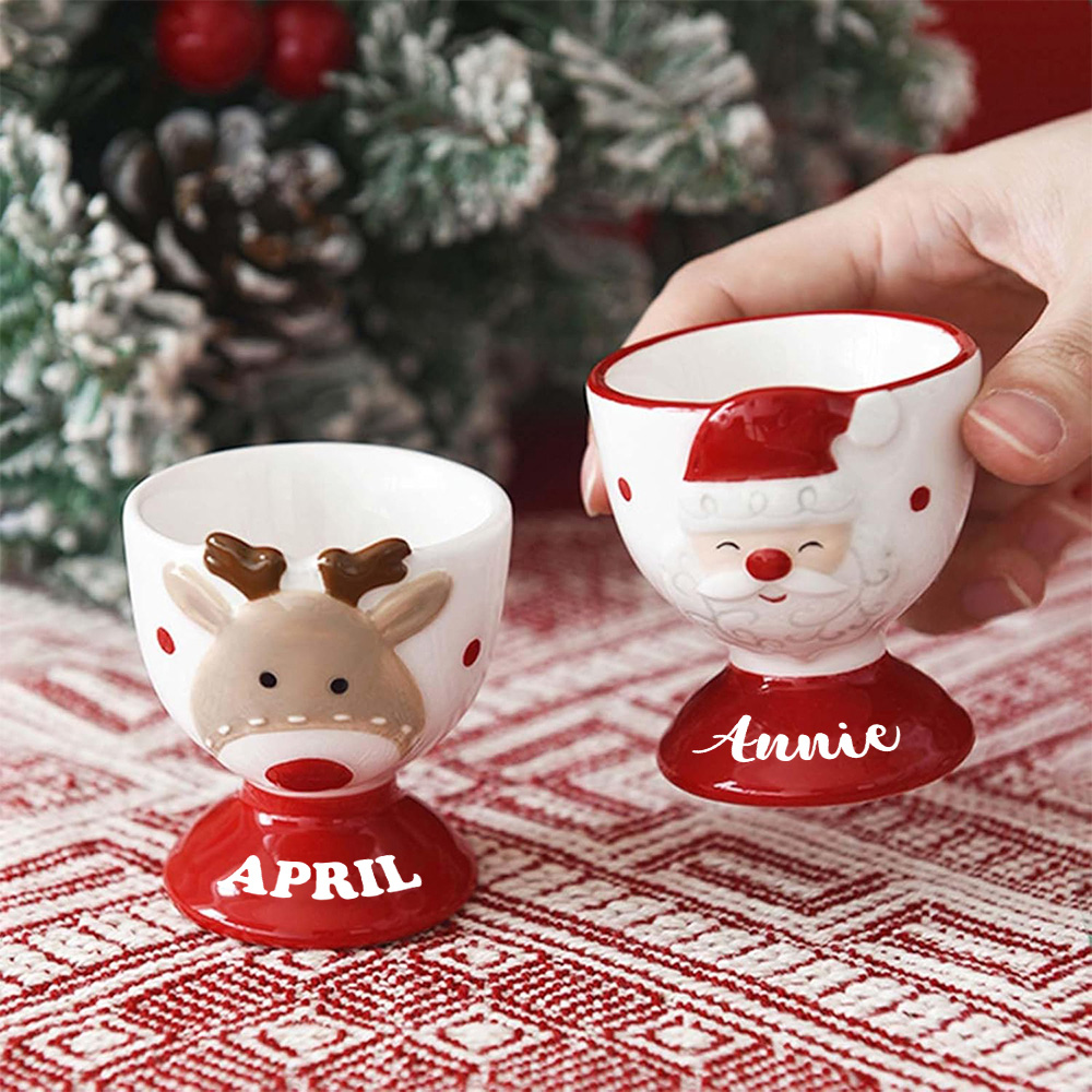 Personalized Christmas Egg Holder Wood Decor Custom Name Santa And Reindeer Breakfast Table Ornament Gift For Kids