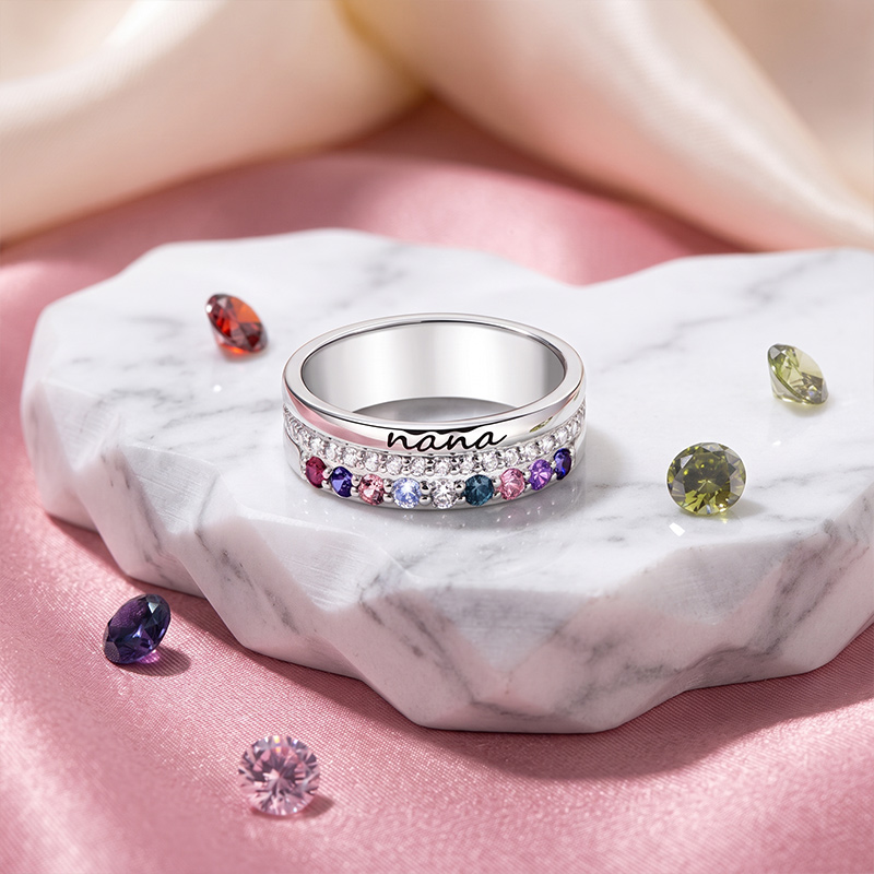 Personalized Family Zircon Ring with 1-10 Birthstones and Engraved Text Women Jewelry Birthday Mother's Day Gift for Mom Grandma