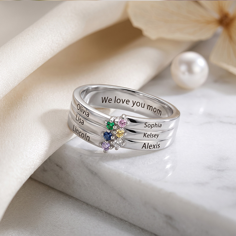 Personalized 1-8 Birthstones Ring with Engraved Name Dainty Women Jewelry Birthday Mother's Day Gift for Mom Grandma