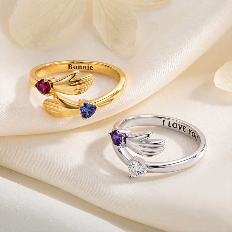 Personalized Dainty Heart Birthstone Hug Ring with Engraved Text Minimalist Jewelry Mother's Day Birthday Gift for Women