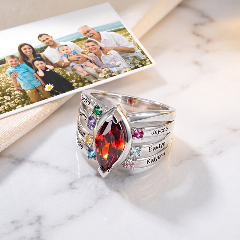 Personalized Dainty Birthstone Ring with Engraved Name Women Jewelry Birthday Mother's Day Gift for Mom Grandma