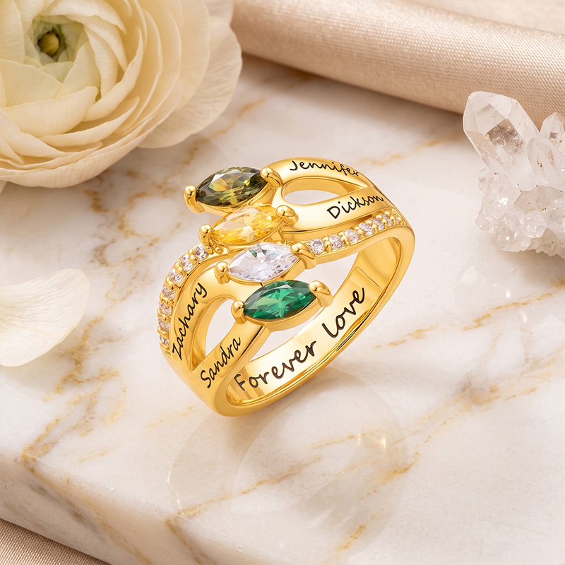 Personalized 1-6 Marquise Family Birthstones Sterling Silver Ring with Engraved Name and Text Birthday Anniversary Gift for Women