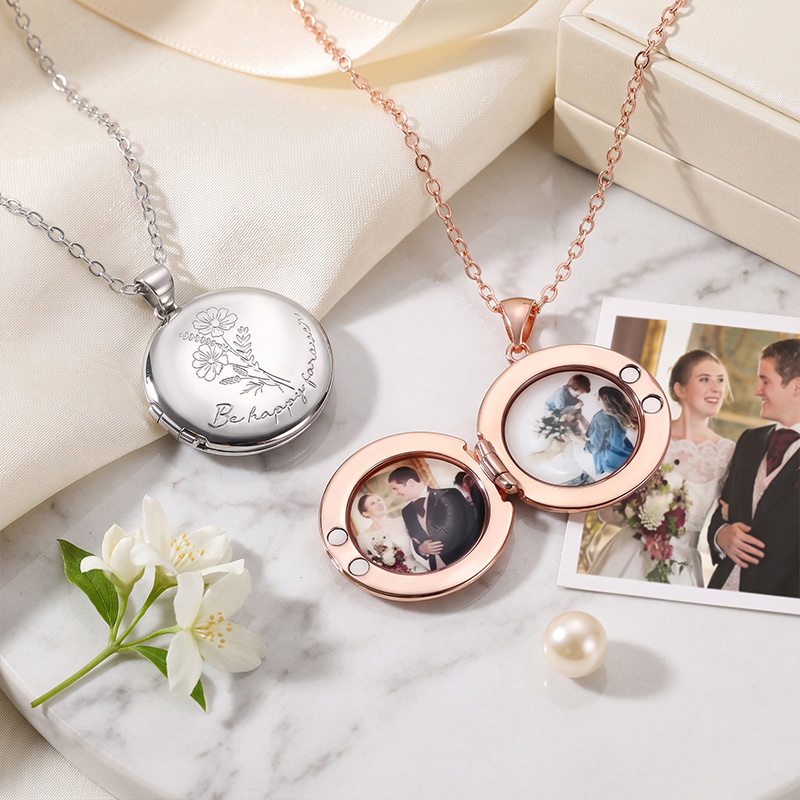 Personalized Birth Flower Photo Locket Necklace with Engraved Name Birthday Anniversary Gift for Women Mom Grandma Gift