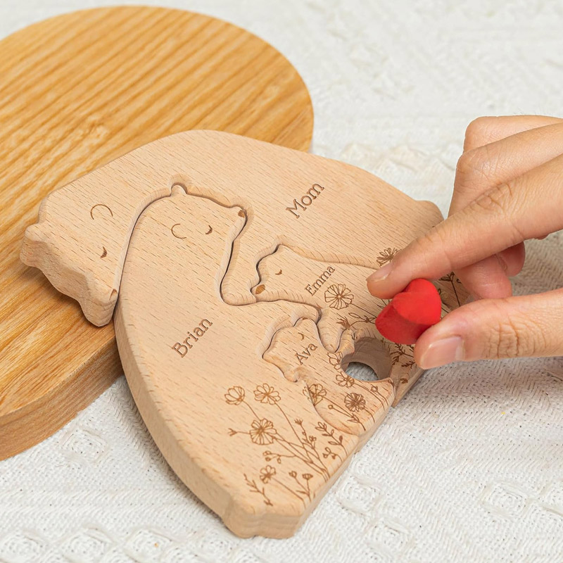 Personalized Wooden Bear Family Puzzle Hugging Bear Family Floral Version Engraved Oak Wood Keepsake with Name Gift for Family