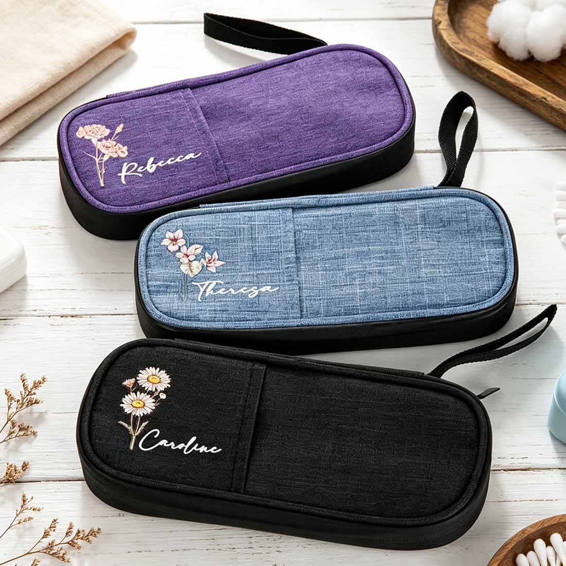 Personalized Birth Flower Insulated Insulin Pen Cooler Travel Case with Name and Ice Pack