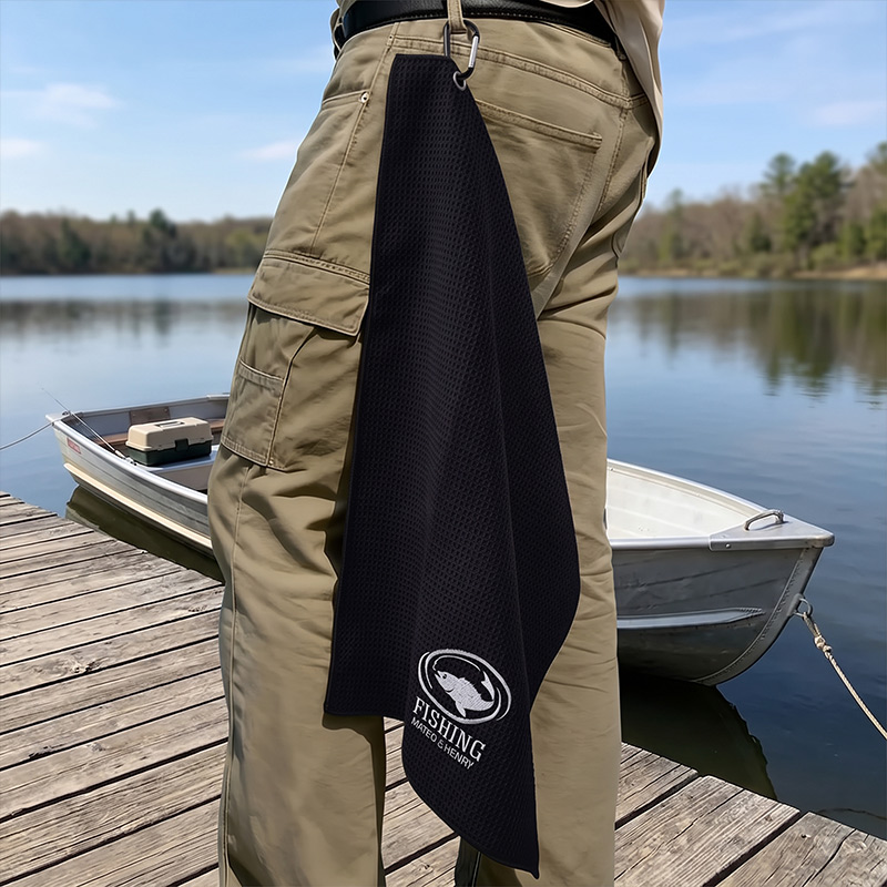 Personalized Dad Fishing Waffle Towel Monogram Embroidery Waffle Towel with Name and Hanging Clip Birthday Gift for Dad Grandpa Fishing Enthusiasts