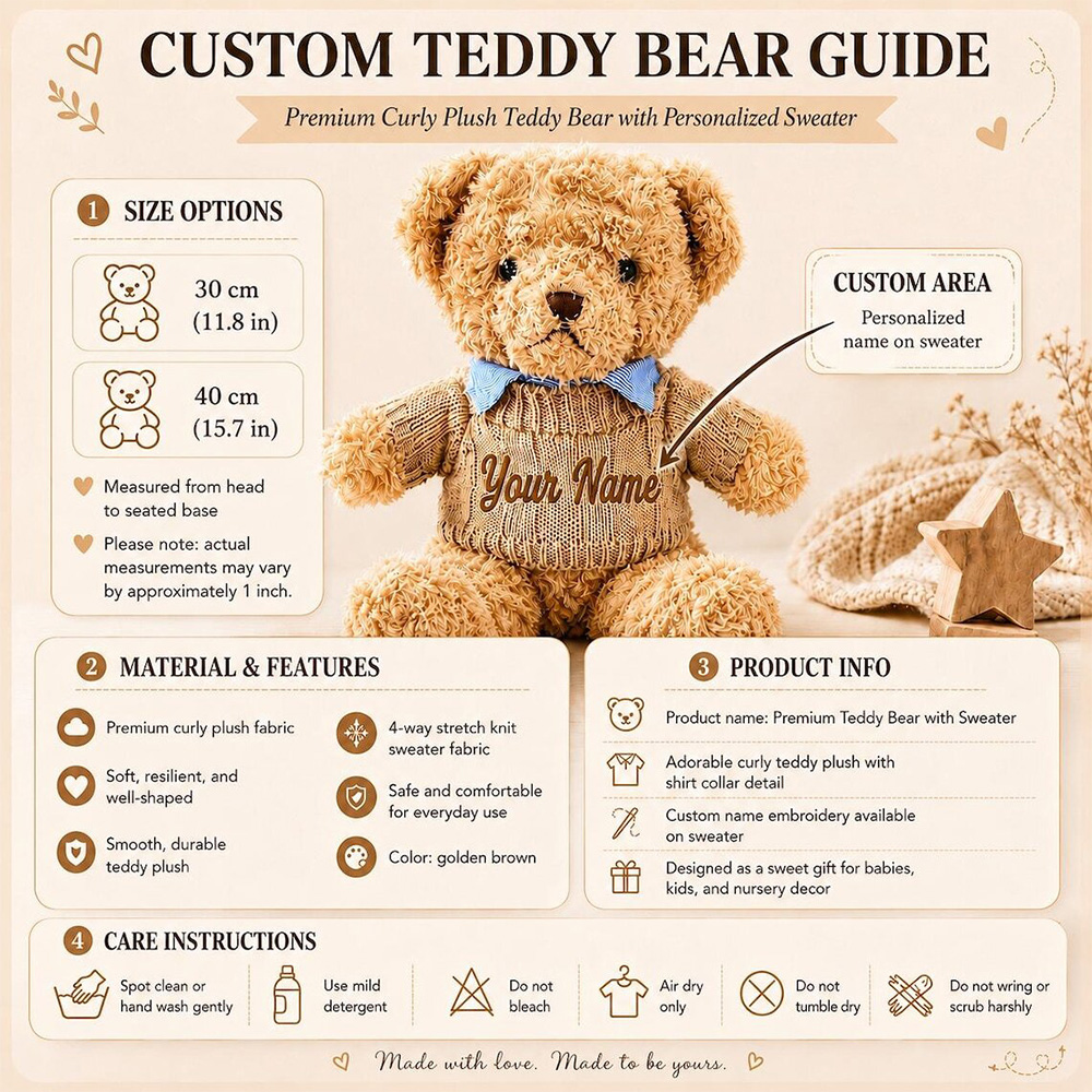 Personalized Embroidered Teddy Bear Plush with Name Baby Shower Gift Newborn Keepsake Birthday Gift