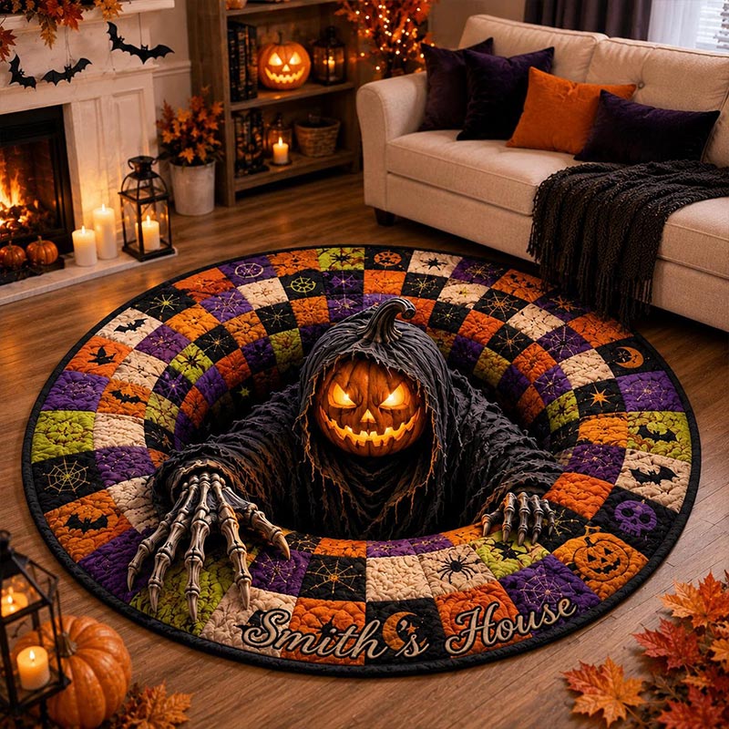 Personalized Quilted Round Halloween Rug Custom Family Name Pumpkin Reaper Rug Spooky Patchwork Decor Gothic Horror Doormat Halloween Gift