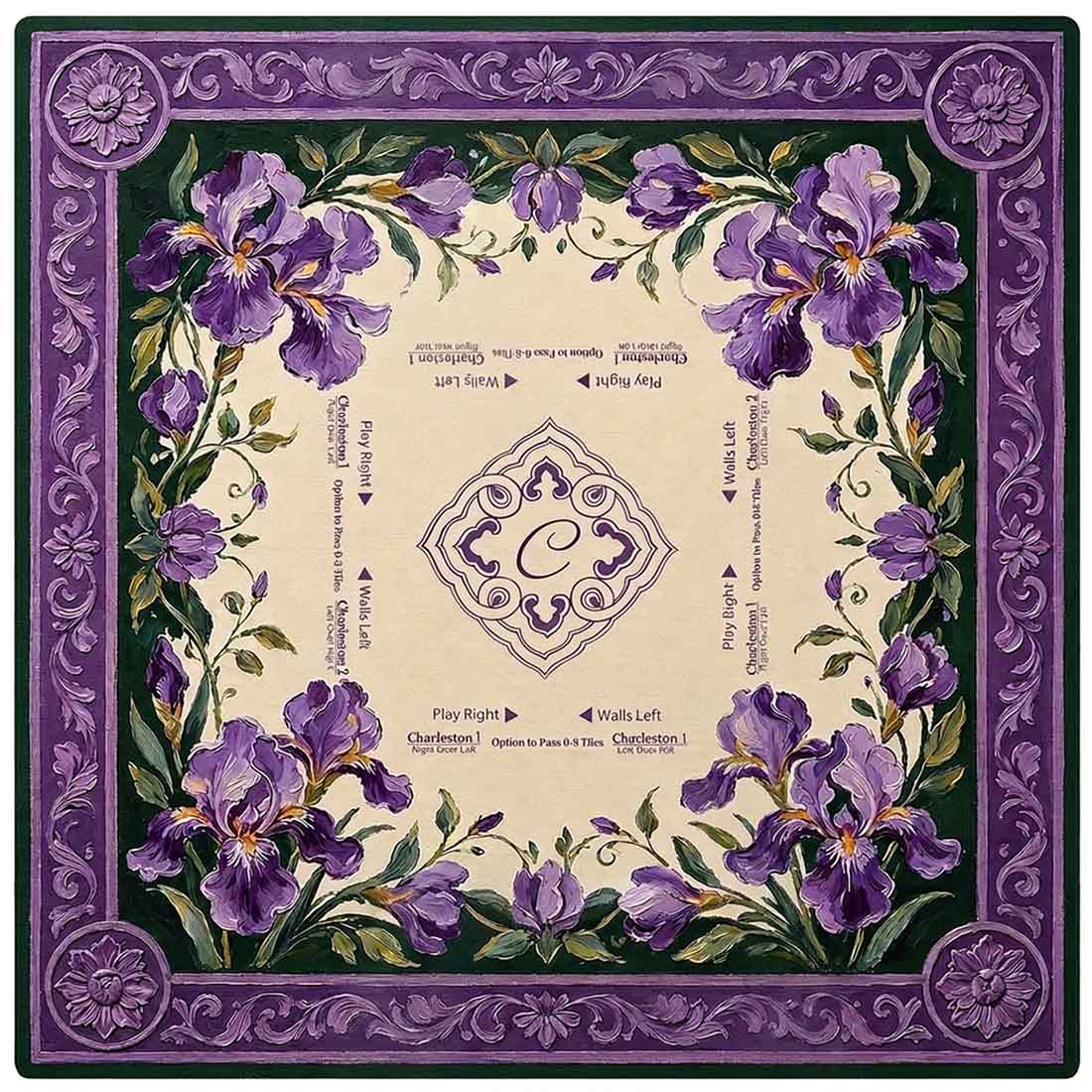 Vintage Purple Iris Mahjong Table Mat Charleston Rules Print