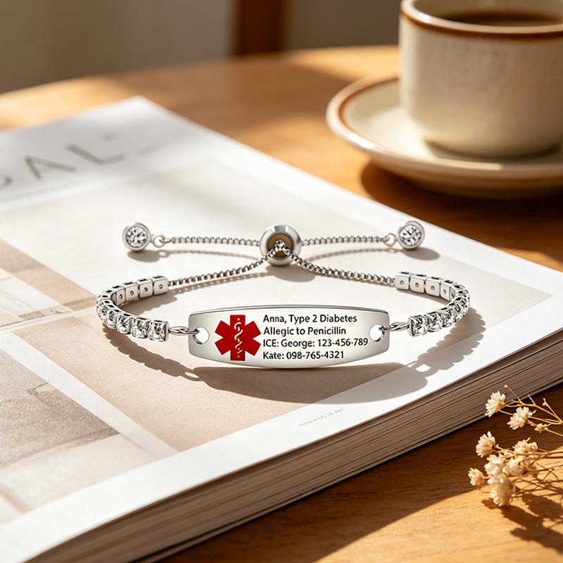 Personalized Emergency Bracelet, Adjustable Medical ID Bracelet Women, Breast Cancer Survivor Bracelet, Medic Conditions Jewelry Emergency Jewelry