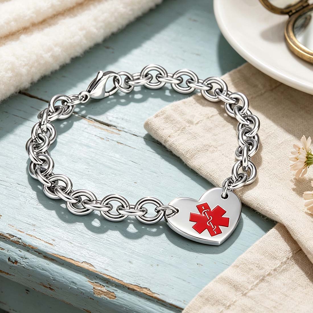 Personalized Star of Life Medical Alert ID Emergency Bracelet with Engraved Text Gift for Allergy Cancer Diabetic Women