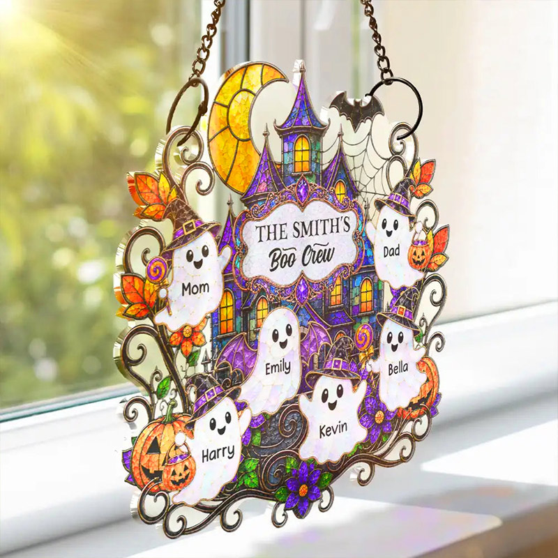 Personalized Halloween Window Hanging Suncatcher Ornament Haunted Family Home Sweet Home Boo Crew Halloween Gift for Grandma Family Halloween Gift
