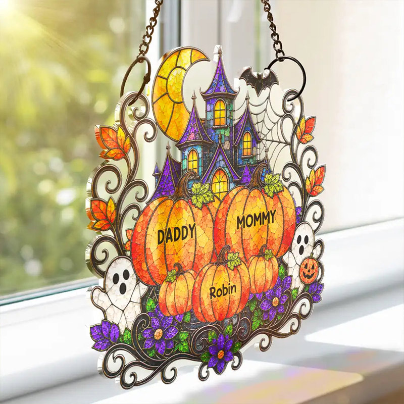 Personalized Halloween Window Hanging Suncatcher Ornament Haunted Family Home Sweet Home Halloween Gift for Grandma