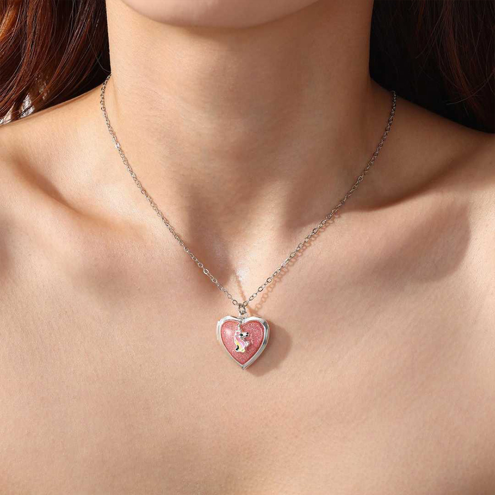 Personalized Rainbow Horse Heart Locket Necklace Cute Magic Themed Jewelry For Girls Keepsake Photo Pendant Gift Fairy Design