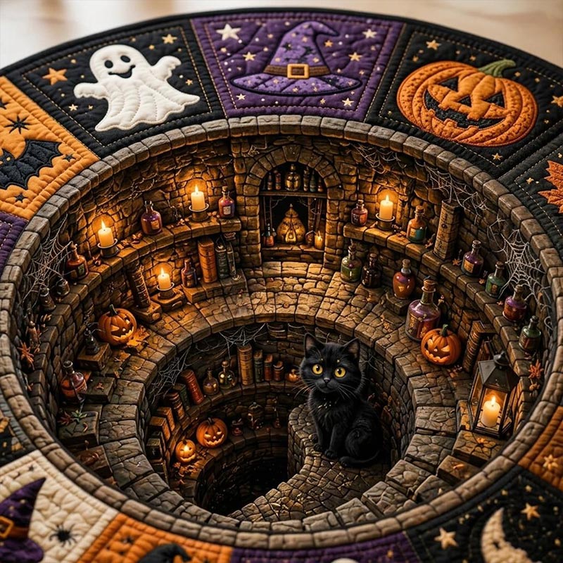 Personalized Family Halloween Round Quilted Rug 3D Witch Dungeon Illusion Rug Black Cat Halloween Rug Spooky Witchy Floor Mat Halloween Home Decor